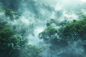 Green jungle with white fog and river, a Nature Photo by AlyaAnd