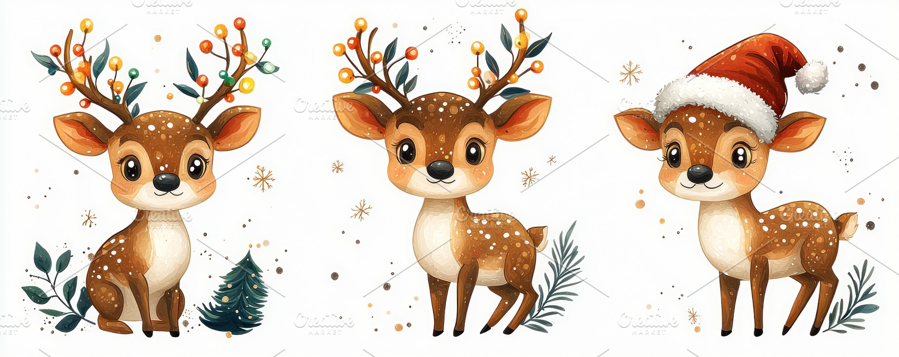 Adorable cartoon reindeer characters with festive antlers and Sa, a Holiday Photo by José Manuel Gelpi