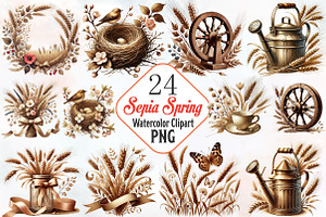 Sepia spring clipart bundle, an Illustration by RobertsArt