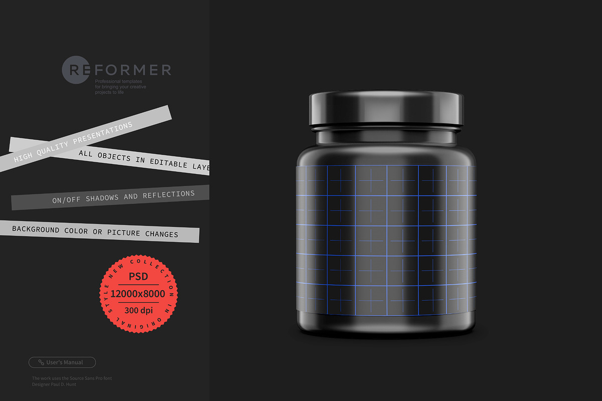Black Glossy Protein Jar Mockup, a Packaging Mockup by Reformer Mockup (Photo 5 of 6)