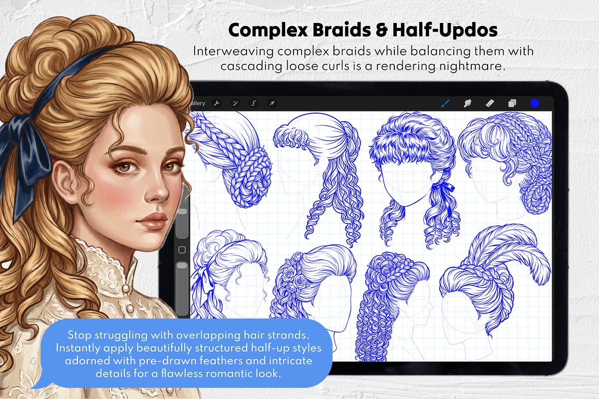 Victorian Hair Procreate Stamps, a Brush Add-On by Selentaori Studio (Photo 5 of 12)