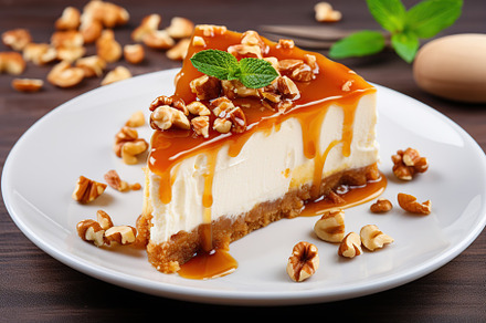Piece of cheesecake with caramel and nuts on wooden table, a Food & Drink Photo by AlyaAnd
