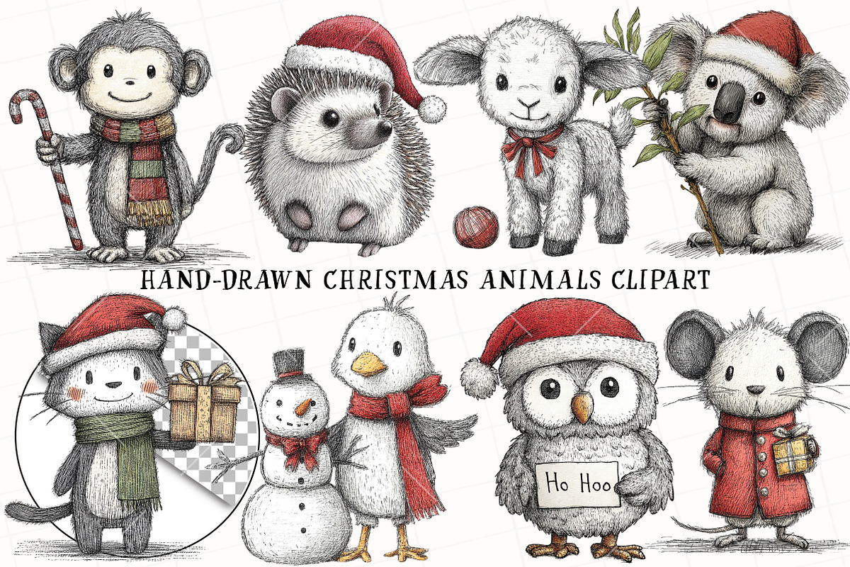 Hand-Drawn Christmas Animals Clipart, an Illustration by OK Design (Photo 2 of 6)