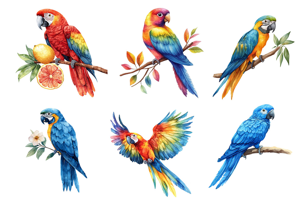 Parrots Watercolor Clipart,, an Illustration by Dream Creation (Photo 7 of 7)
