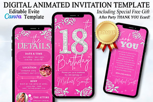 Editable Pink 18th BD Evite Template, an Invitation Template by V Design Creator