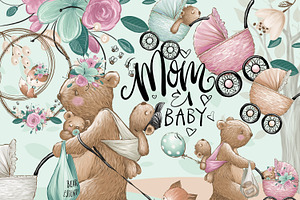 Mom Baby Clipart, Bears Hand Painted