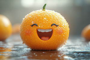 Smiling orange with droplets in a br, a Photo by Tanuart