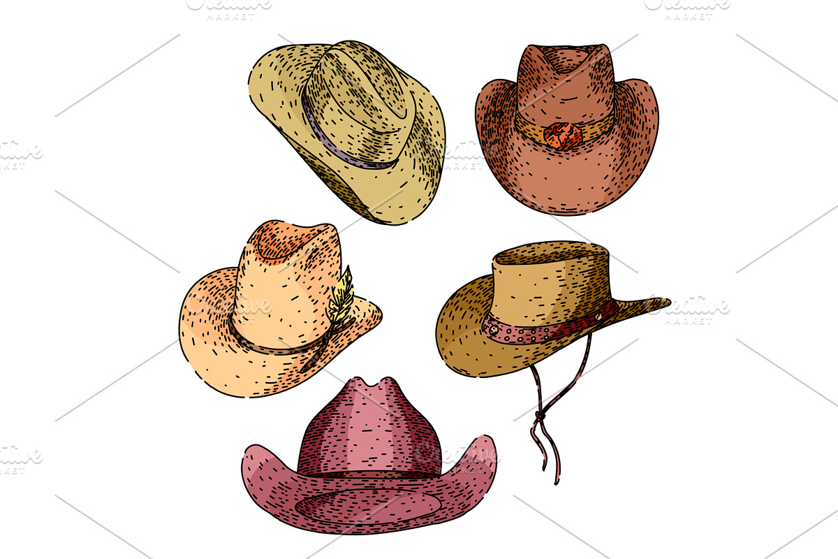 cowboy hat set sketch hand drawn, an Object Illustration by pikepicture