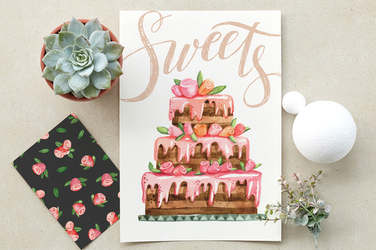 Watercolor cakes and sweets, a Food Illustration by katyabuslaeva (Photo 5 of 5)