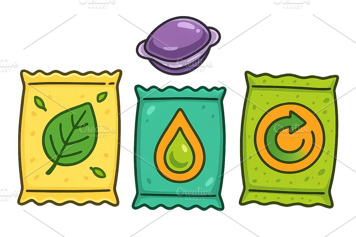 Collection of three colorful packets, an Illustration by ZinetroN