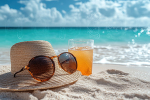 Relaxing at the beach with a straw h, a Photo by Tanuart