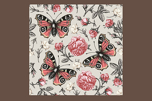 Seamless Flowers Roses Butterflies