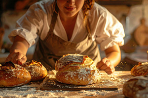 Female Baker Presenting Fresh Artisan Bread, a Food & Drink Photo by Davizro's Market