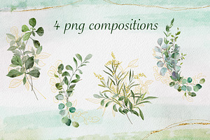 Greenery Set, Watercolor, Gold Line