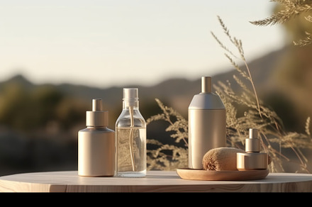 Natural skincare cosmetics bottles background, a Photo by Dvoevnore photos