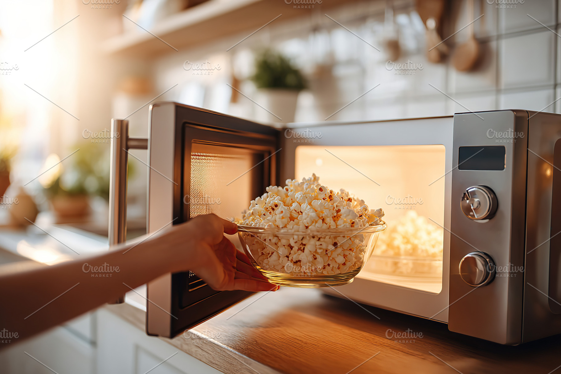 Preparing fresh popcorn in a kitchen with a microwave during evening light, a Photo by AlyaAnd