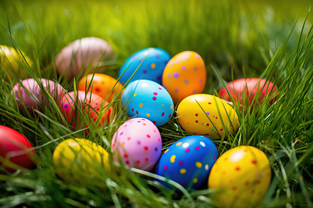Colorful easter eggs on green grass, a Holiday Photo by AlyaAnd