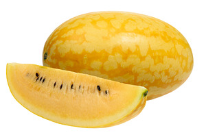 A piece and a whole yellow watermelon on an isolated background, a Food & Drink Photo by ndanko