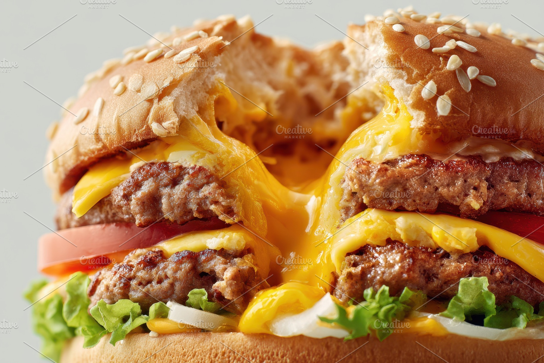 Double cheeseburger with gooey cheese pull, a Food & Drink Photo by AlyaAnd