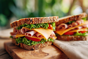 Sandwiches filled with ham, tomatoes, and melted cheese on whole grain bread in, a Food & Drink Photo by AlyaAnd