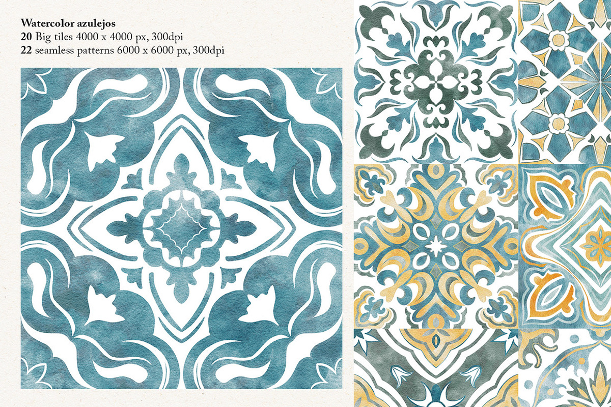 Azulejos watercolor tiles & Patterns, a Pattern Graphic by Jenny Quince (Photo 8 of 12)