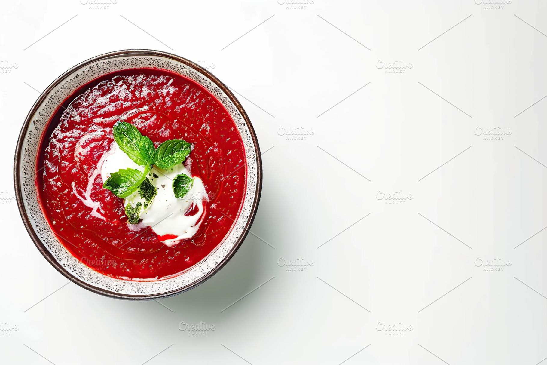 Flat lay of bowl of beet root soup borsch on white background, a Food & Drink Photo by AlyaAnd