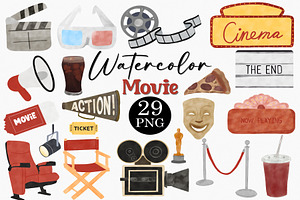 Watercolor Movie Clipart Set, an Illustration by CropUp Creative