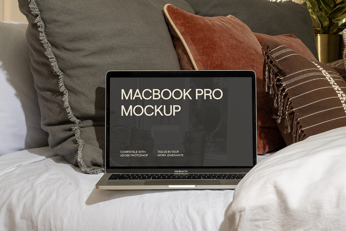 Realistic MacBook Pro Mockup on Bed, a Books & Magazine Mockup by Area Mockups (Photo 1 of 3)