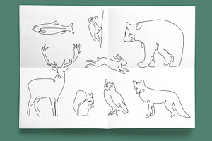 Continuous line wild animals set