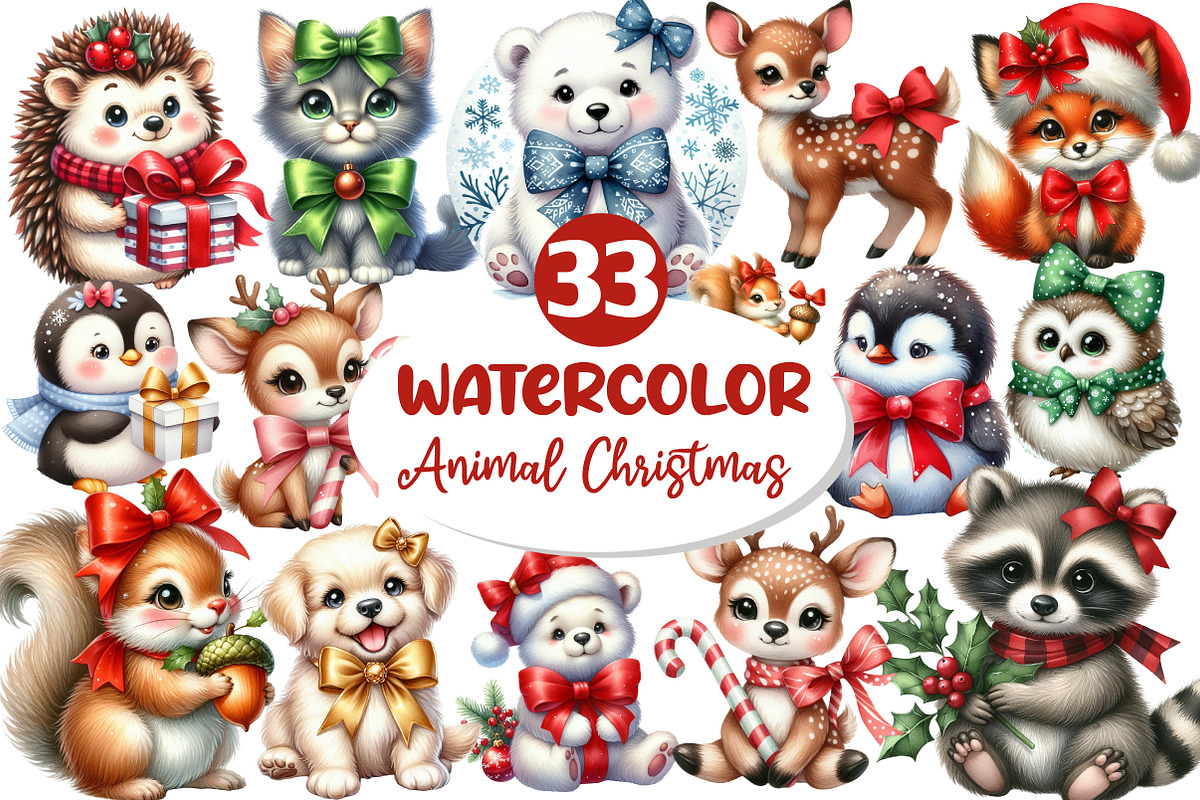 Cute Animals Christmas Clipart, an Illustration by Dream Creation (Photo 1 of 7)
