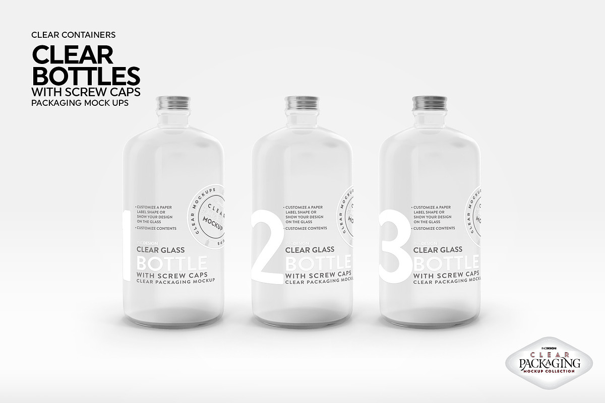 Clear Bottles with Screw Caps Mockup, a Packaging Mockup by INCDesign (Photo 7 of 10)