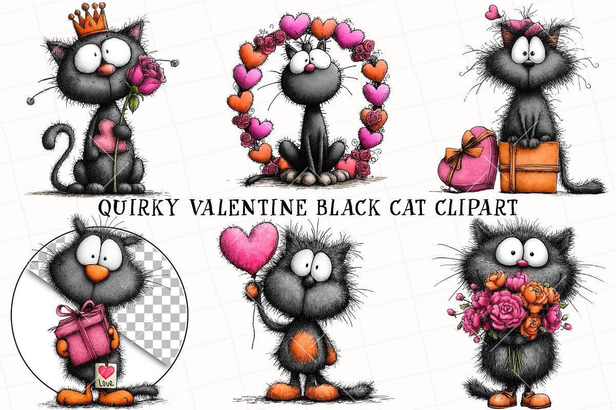 Quirky Valentine Black Cat Clipart, an Illustration by OK Design (Photo 2 of 6)