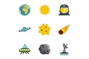 Space Elements Icons Set, Flat Style