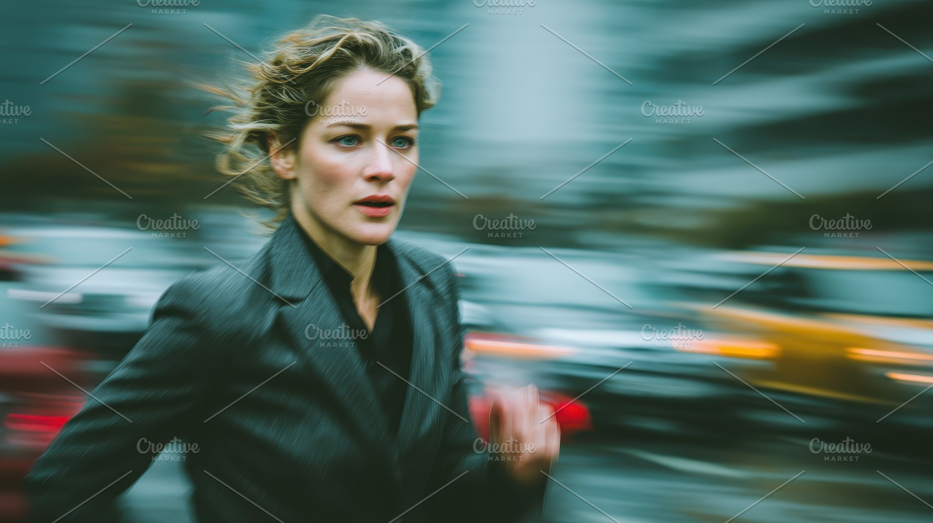 Woman Running City Street Blurred Ba, a Photo by Pixeness Studio