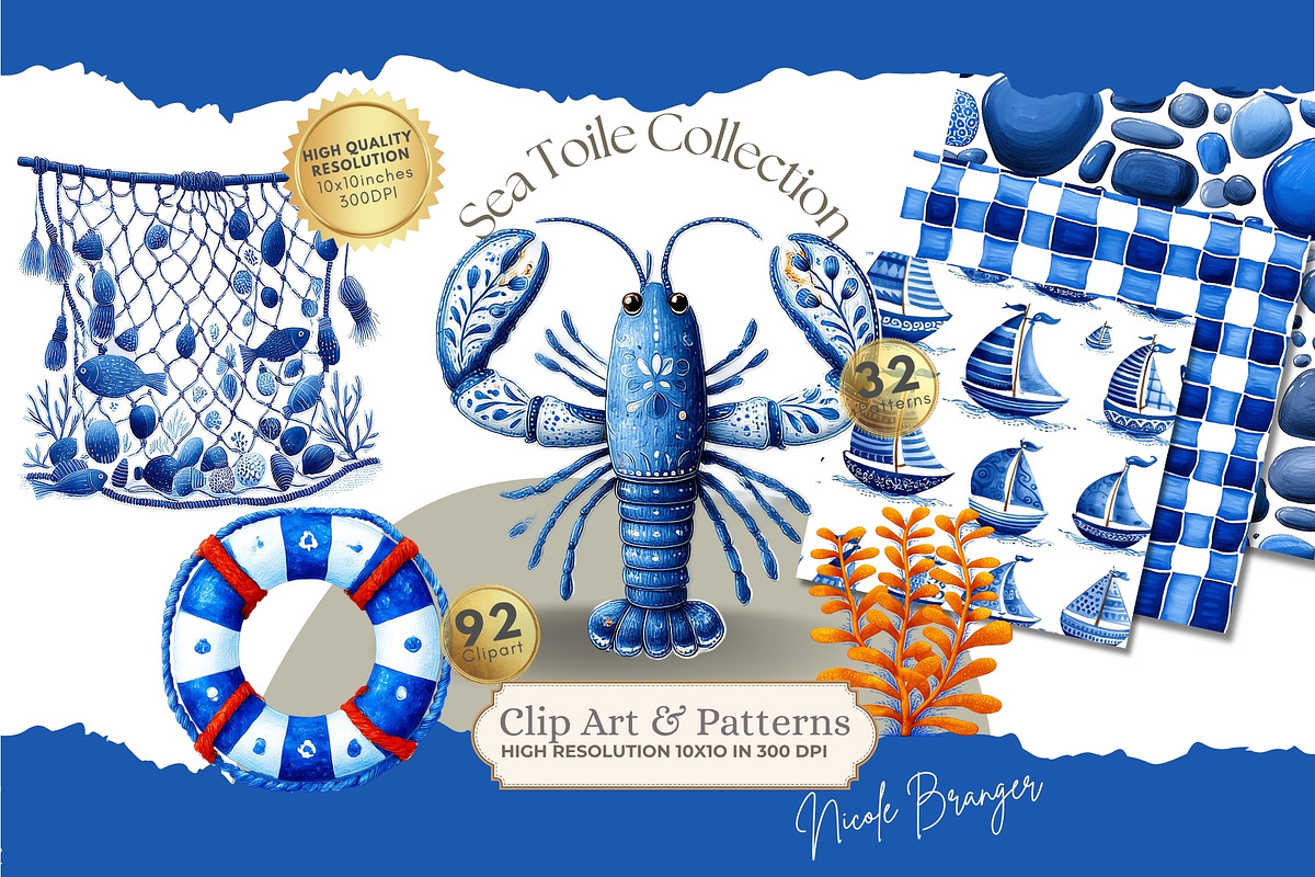 Sea Toile Clipart and Patterns, a Decorative Illustration by Nicole Branger Art (Photo 1 of 28)