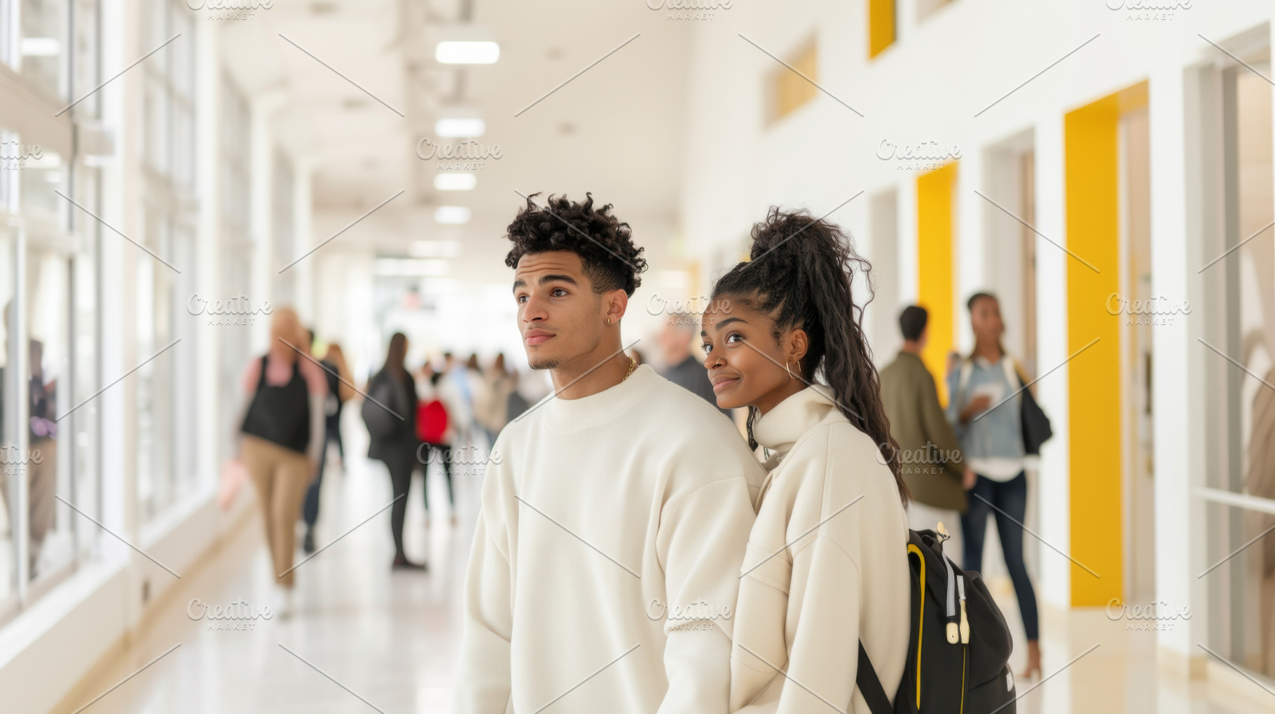 Students walking in college hallway,, a Photo by Dvoevnore photos