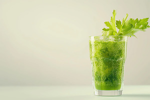Fresh celery juice in glass on white background, a Food & Drink Photo by AlyaAnd