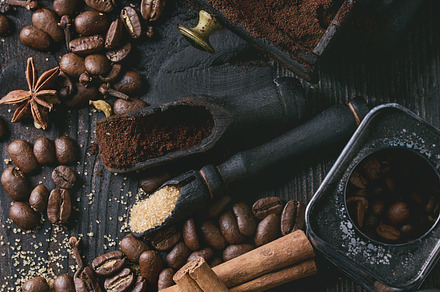 Black coffee beans with spices containing coffee, beans, and background, a Food & Drink Photo by Natasha Breen