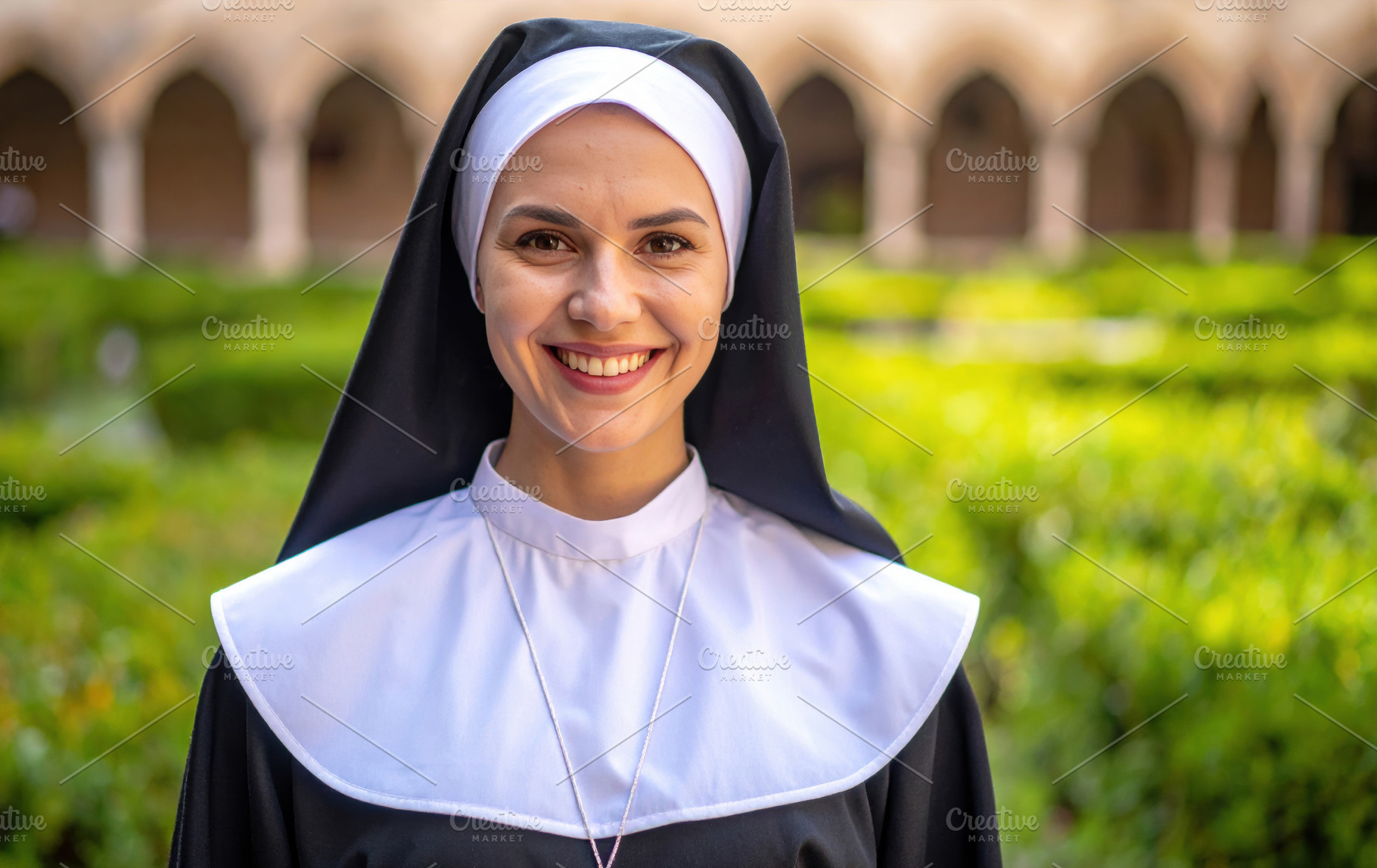 Smiling Catholic Nun in Cloister Garden, a Person Photo by Davizro's Market