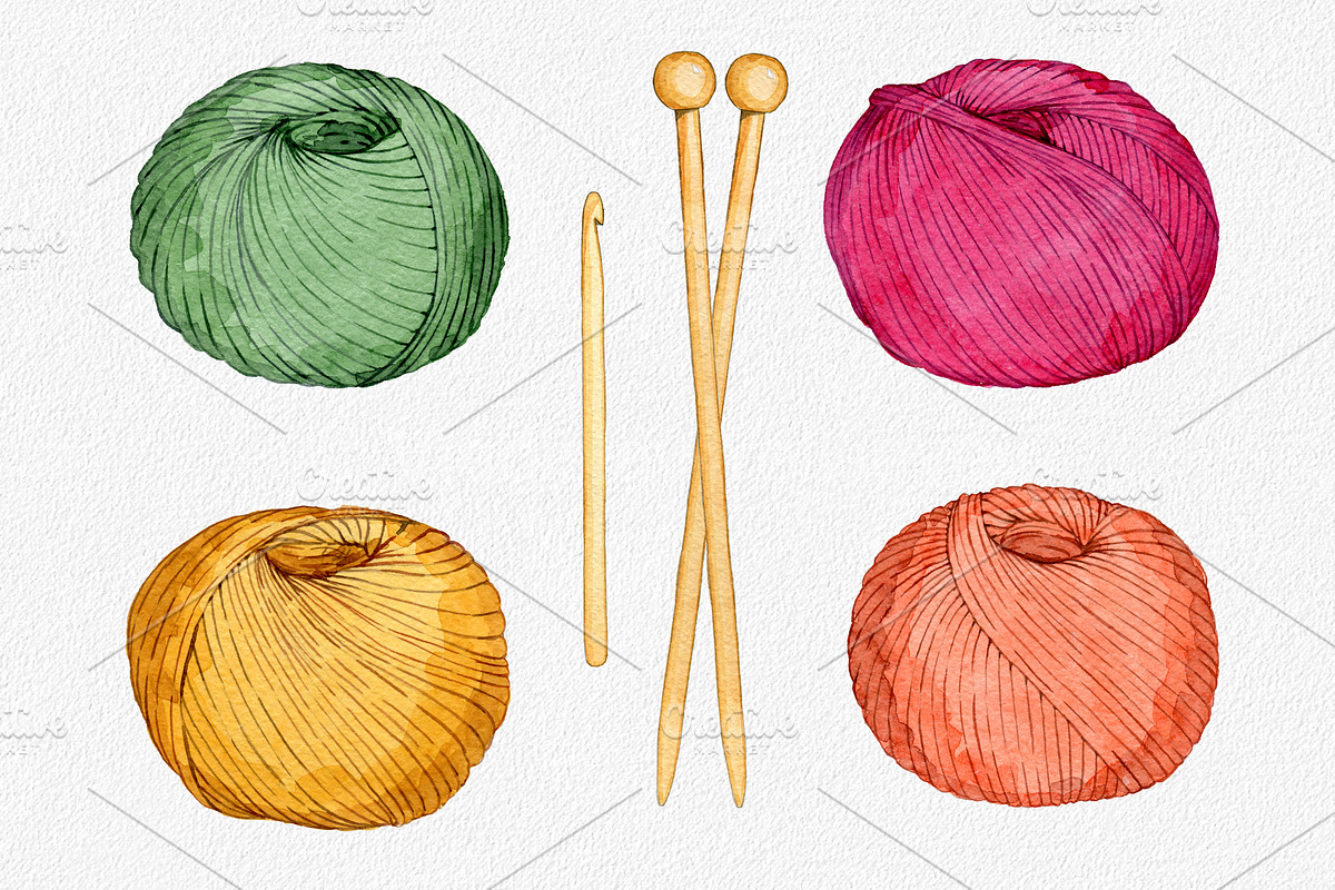 Hand drawn watercolor knittig set, an Illustration by OlyaSenko (Photo 2 of 6)