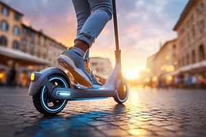 Commuting by e-scooter through a European square at sunset, a Photo by AlyaAnd