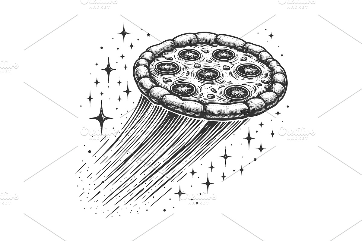 Flying pizza in space engraving, a Food Illustration by AlexArt