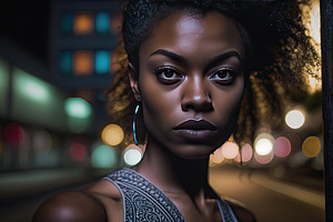 Stylish Young Black Woman With Light On Her Face On Dark Background. Generative