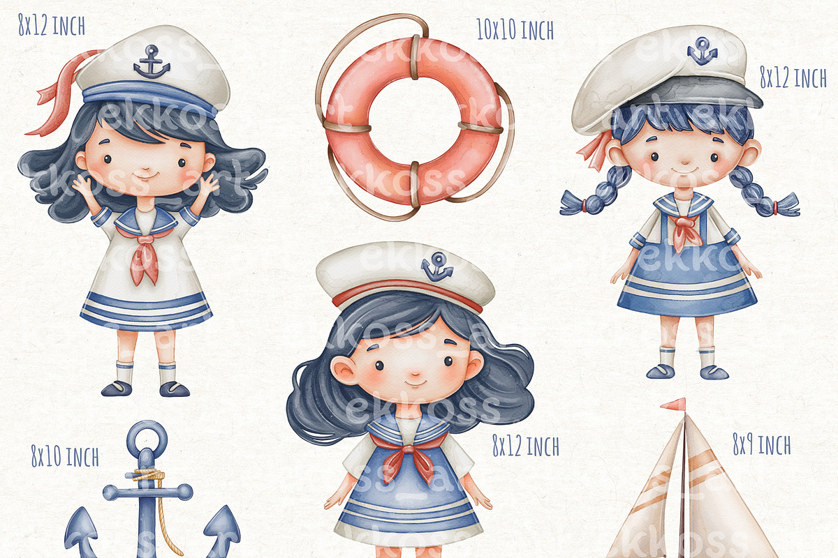 Cute Sailors Watercolor Clipart, a Person Illustration by ekossa_art (Photo 2 of 7)