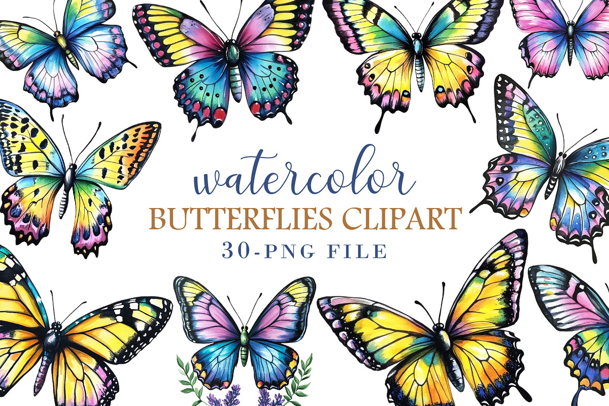 Watercolor Butterflies Clipart, an Illustration by Libby Wishes (Photo 1 of 5)