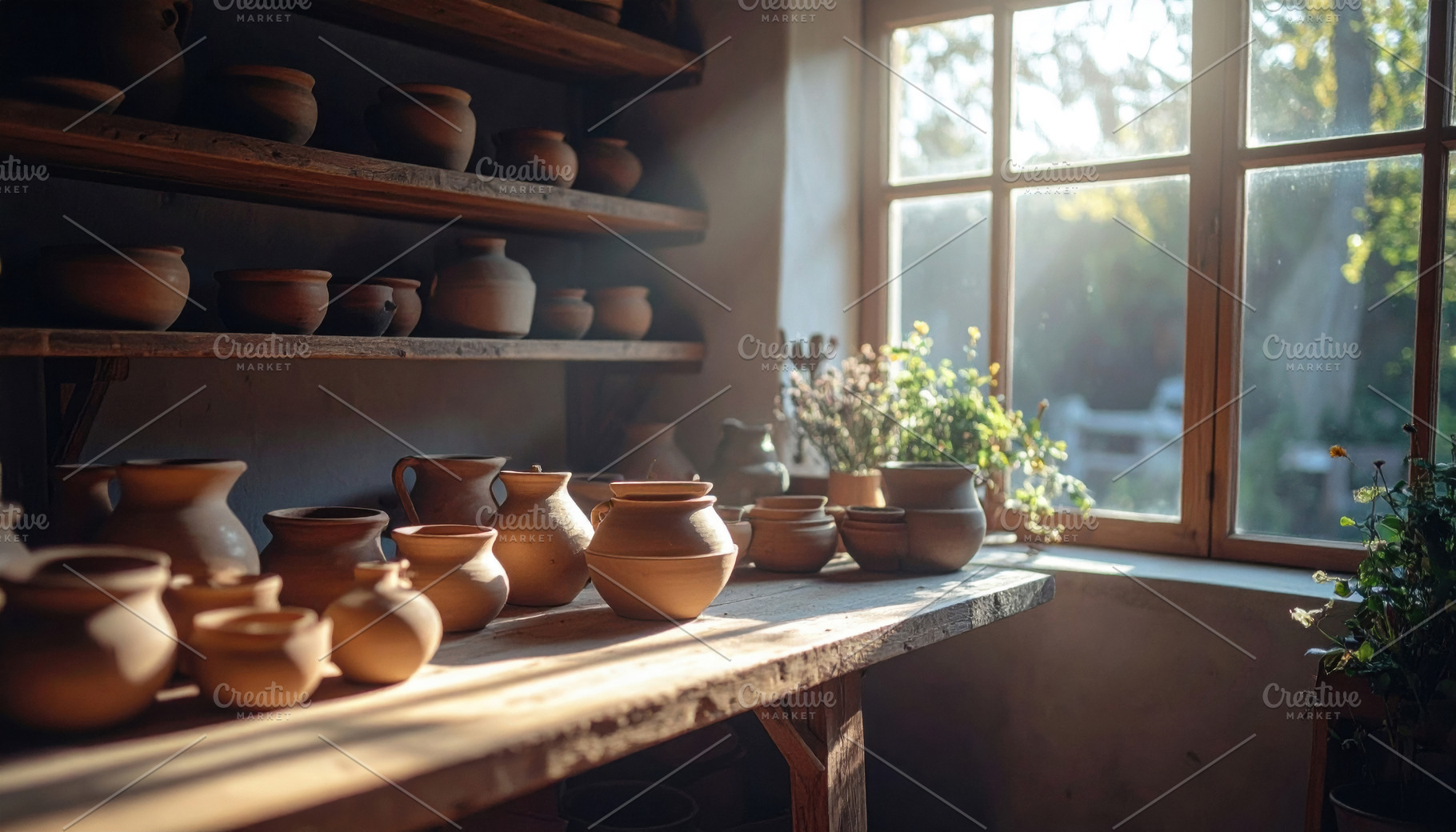Sunlit Pottery Shelves in Rustic Studio, an Arts & Entertainment Photo by Davizro's Market