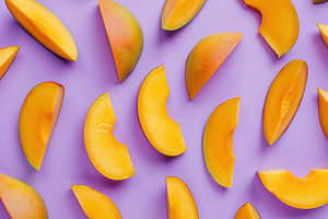 Pattern of fresh mango pieces on purple background, a Food & Drink Photo by AlyaAnd