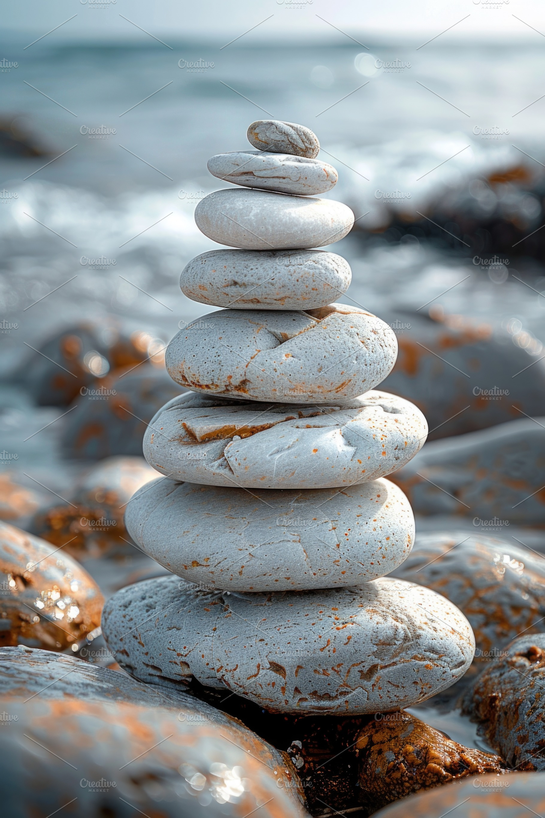 Stacked white stones on beach with ocean waves, balance and calm, an Abstract Photo by José Manuel Gelpi