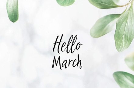 Hello march greeting with green leaves surrounding text on light, a Photo by Dvoevnore photos