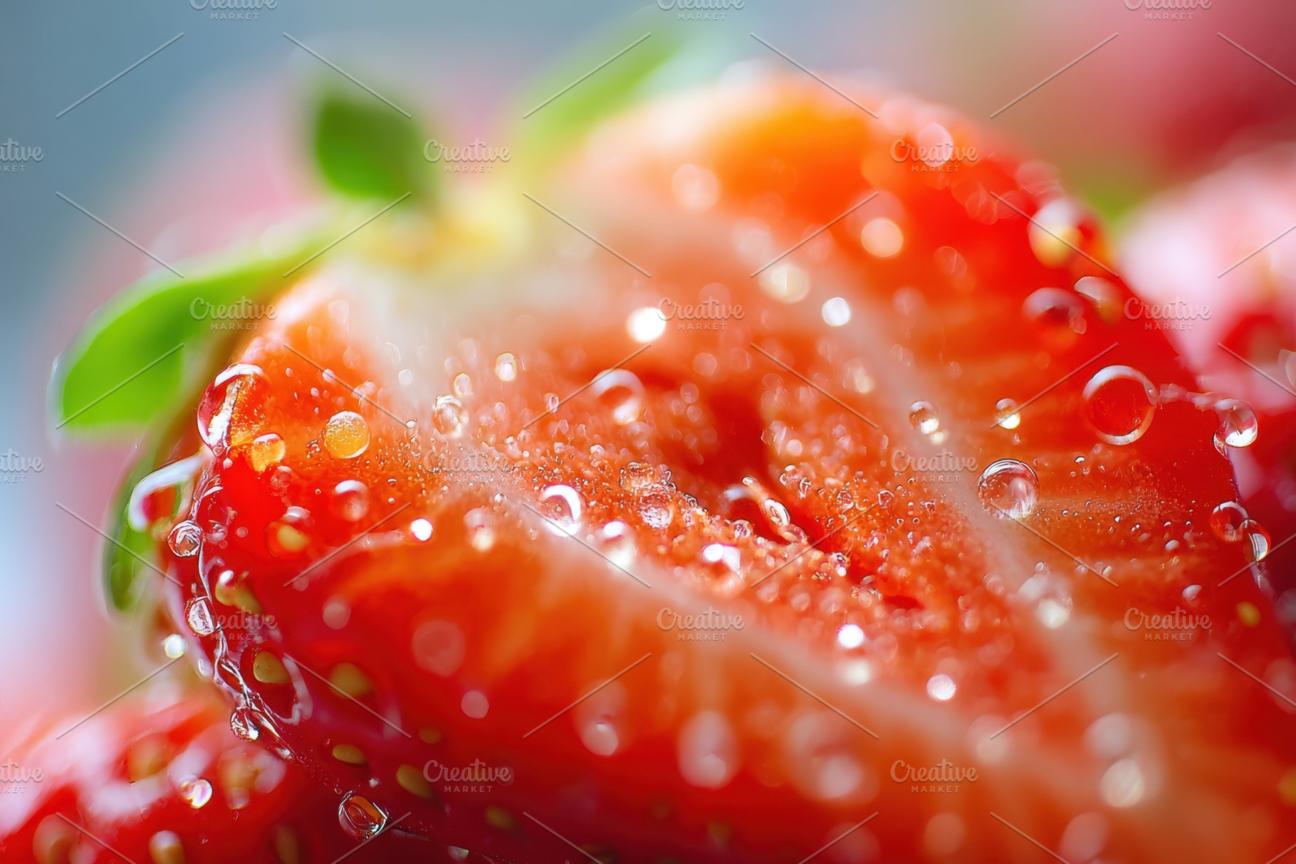 Close-up of juicy strawberry slices with water droplets, a Food & Drink Photo by AlyaAnd